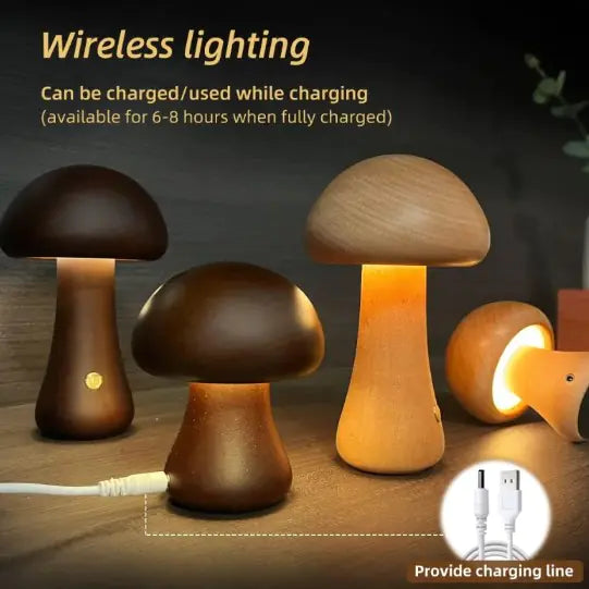 Wooden Mushroom Table Lamp – Cute LED Night Ligh