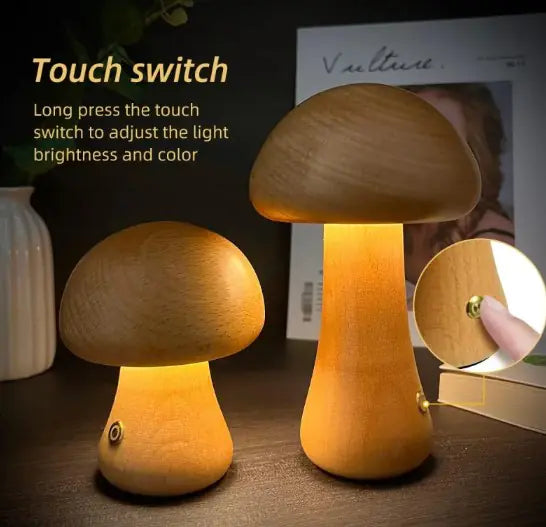 Wooden Mushroom Table Lamp – Cute LED Night Ligh