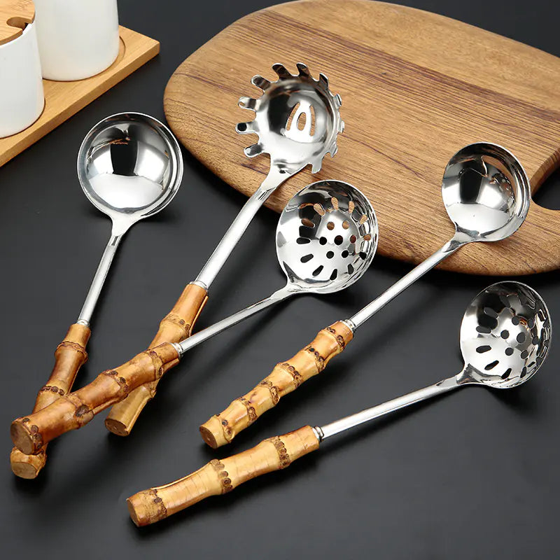 Stainless Steel Kitchen Utensil Set with Bamboo Handles