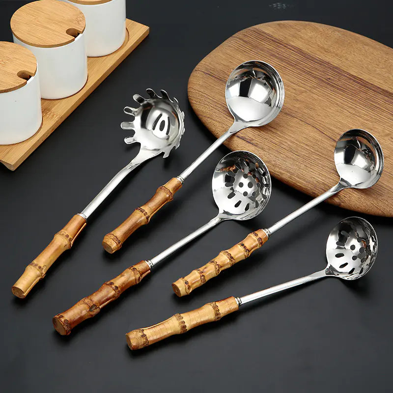 Stainless Steel Kitchen Utensil Set with Bamboo Handles
