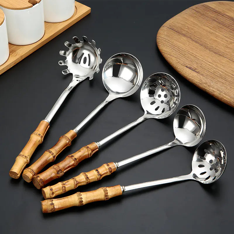 Stainless Steel Kitchen Utensil Set with Bamboo Handles