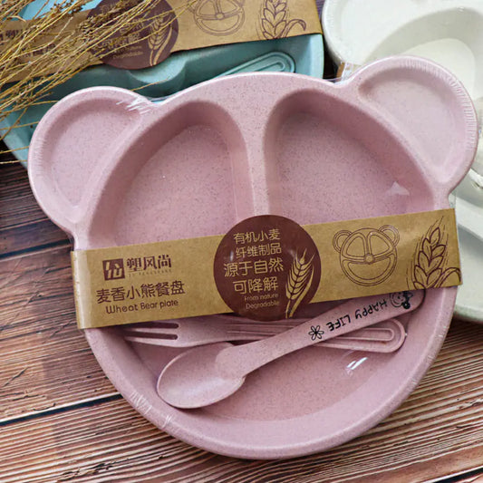 Wheat Split Bear Children’s Dinner Plate Set – With Utensils