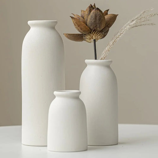 Set of 3 White Ceramic Vases – Boho Farmhouse Decor