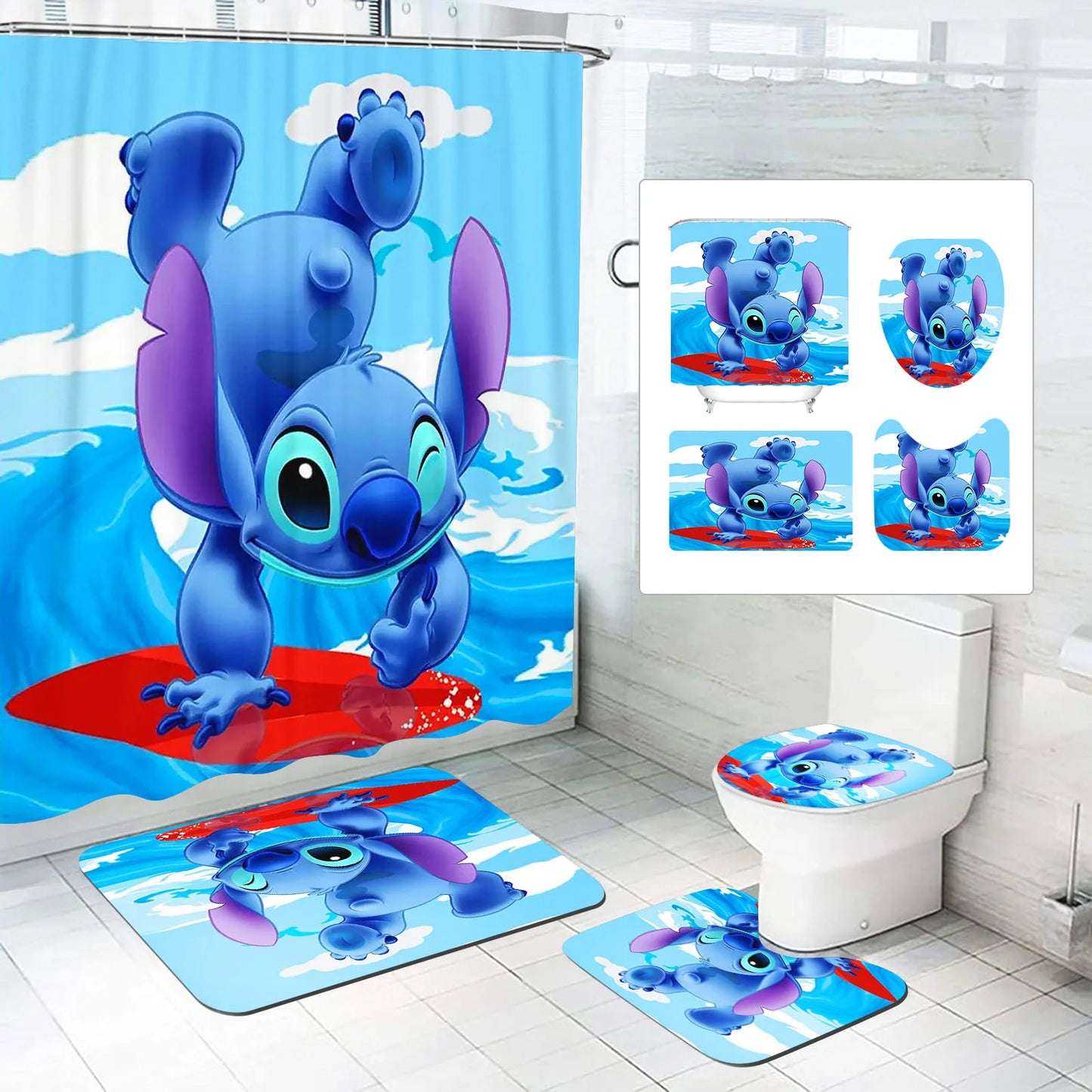 Luxury Stitch Cartoon Bathroom Mat Set – Waterproof & Non-Slip