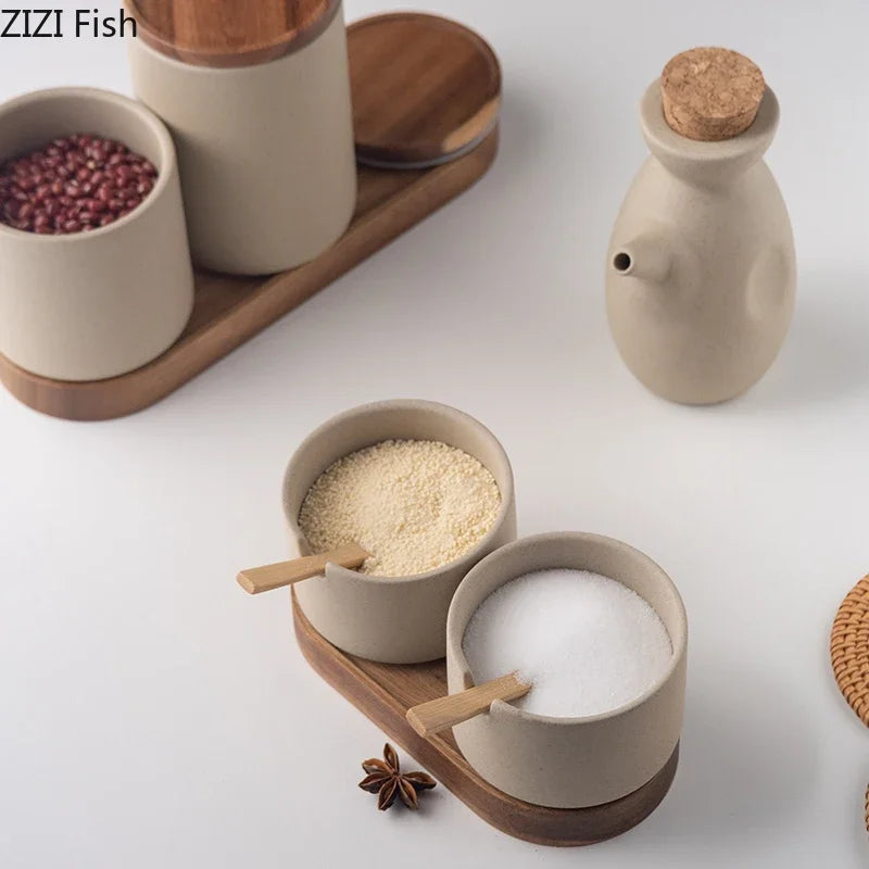Japanese Ceramic Spice Jar Set – With Lids & Spoons