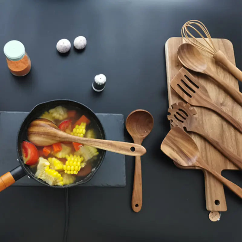 Wholesale 7-Piece Teak Kitchen Utensil Set – Natural Wood Cooking Tools