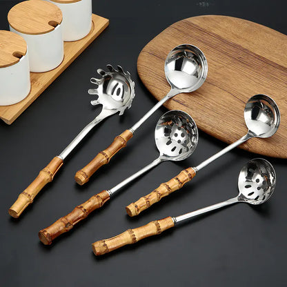 Stainless Steel Kitchen Utensil Set with Bamboo Handles