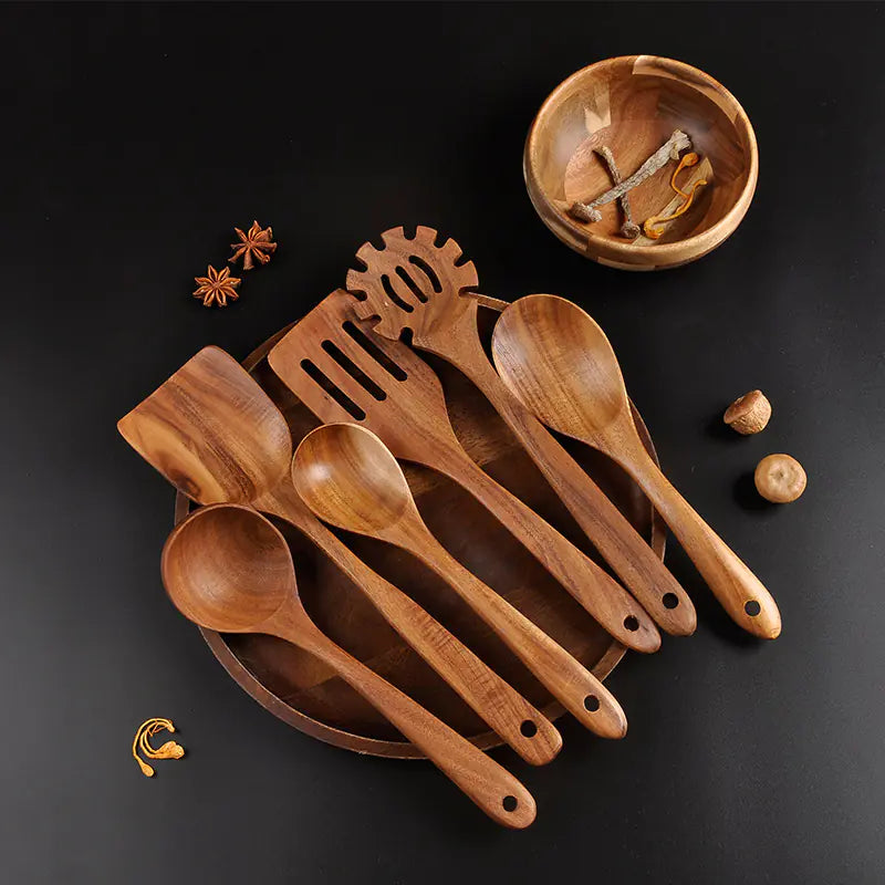 Wholesale 7-Piece Teak Kitchen Utensil Set – Natural Wood Cooking Tools